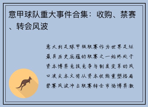 意甲球队重大事件合集：收购、禁赛、转会风波